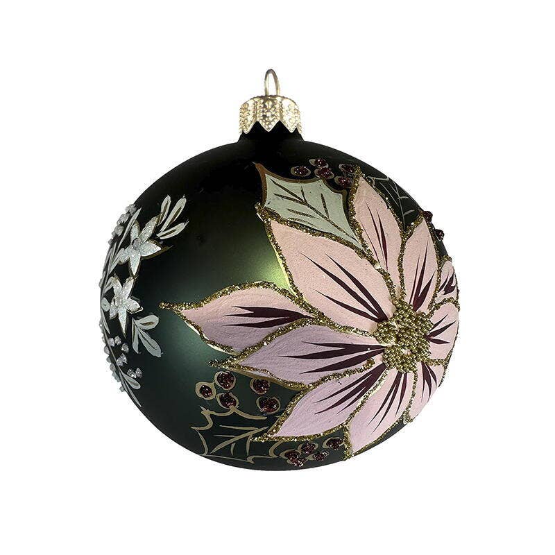 Christmas ornament glass -GREEN/PINK POINSETTIA Handpainted