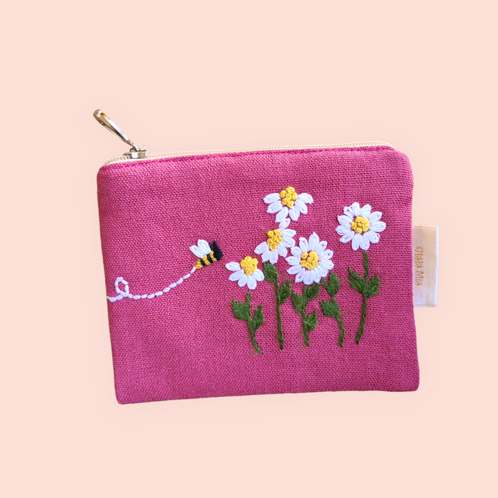 Portamonete con fiori e api ricamato a mano